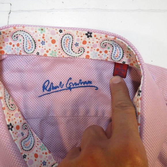 ROBERT GRAHAM DRESS SHIRT Sz Mens 18 Pink Herringbone Paisley Contrast Cuffs - Picture 3 of 3